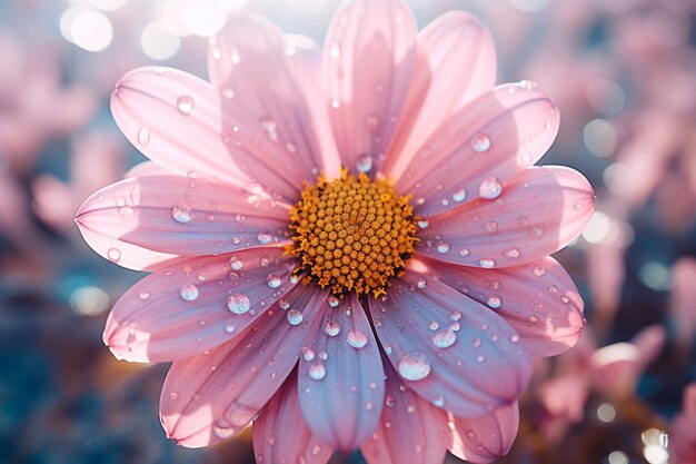 a close up of a pink flower with a yellow center