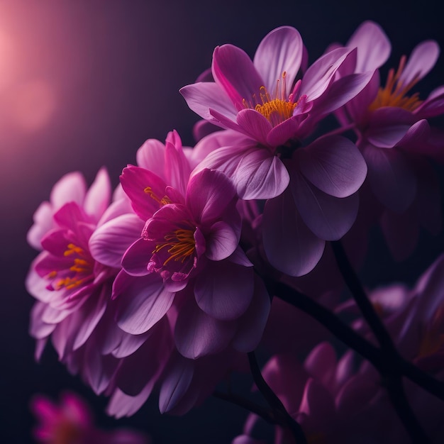 A close up of a pink flower with a yellow center