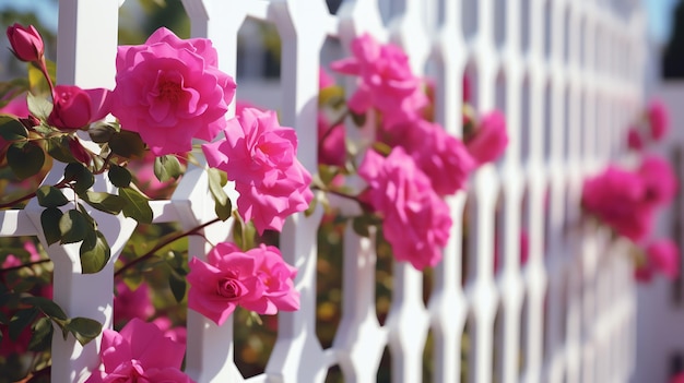 a close up of pink flowers on a white fence