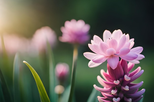 A close up of pink flowers with the sun shining on them