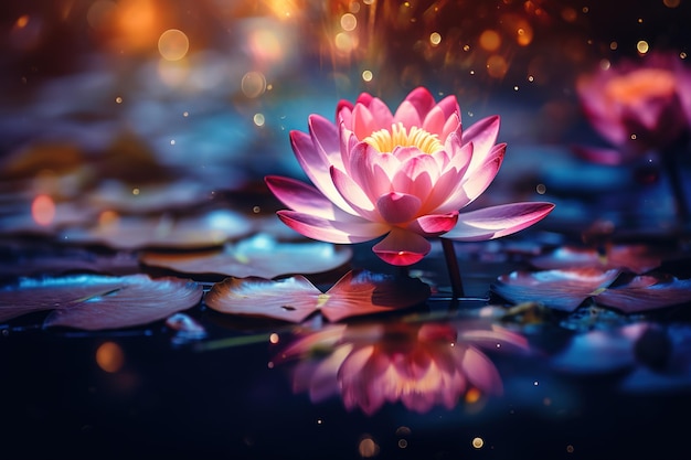 Close up pink lotus flower on the water in the dark glowing bokeh