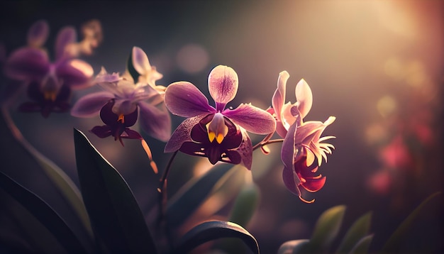 A close up of a pink orchid with the sun shining on it.