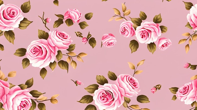 Close up of pink rose flower pattern with leaves and flowers generative ai