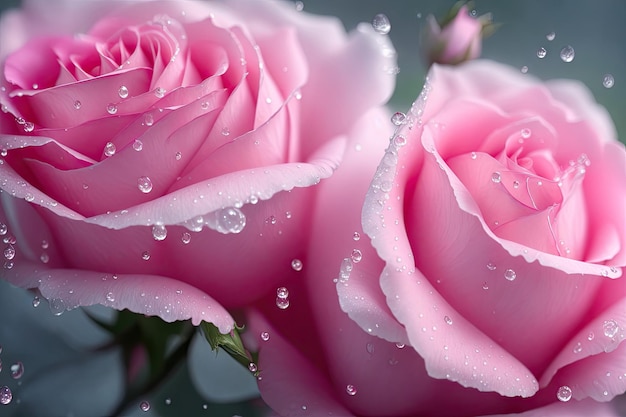 Close up of pink rose petails covered dew water drops ai generative