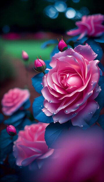 Close up of a pink rose with water droplets generative ai