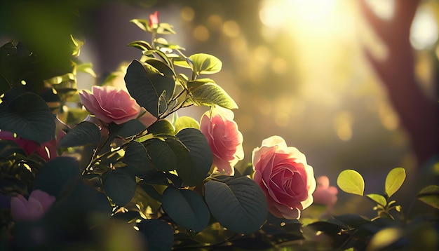 A close up of pink roses in the sunlight