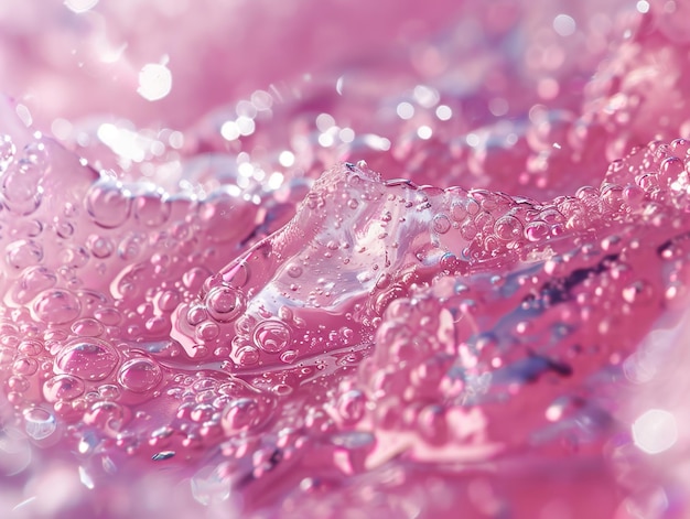 a close up of a pink sequined fabric with water drops