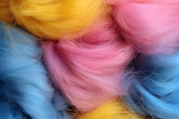 A close up of pink yellow and blue wool