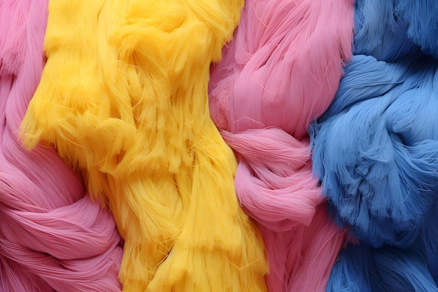 A close up of pink yellow and blue wool