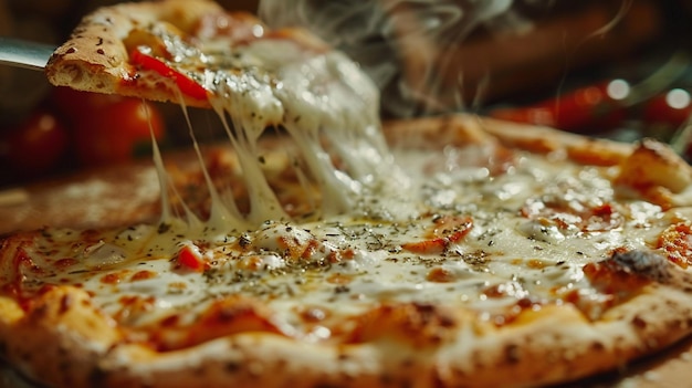 a close up of a pizza being sliced with cheese and tomato sauce