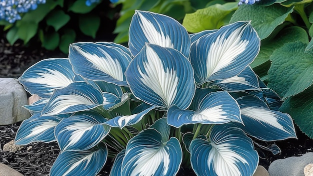 a close up of a plant with a blue and white leaf