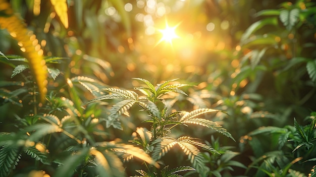 a close up of plants with the sun behind them