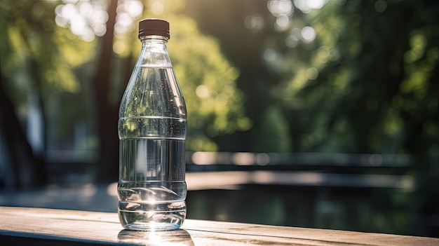 Close up plastic bottle of water on wooden table in the park with Generative AI Technology