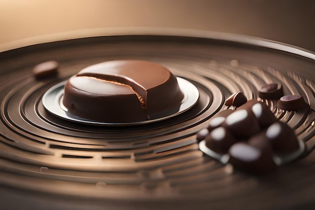 A close up of a plate of chocolates with one that has been broken.