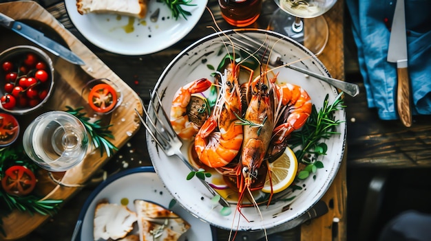 Photo close up of a plate of cooked shrimp with herbs and lemon wedges on a rustic table