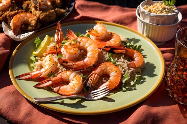 a close up of a plate of food on a table realism shrimp fish tail grill