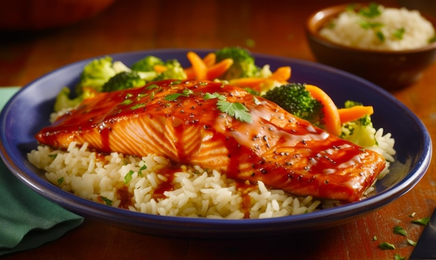 Close up of plate of food with rice and broccoli Generative AI