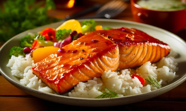 Close up of plate of food with salmon and rice on it Generative AI