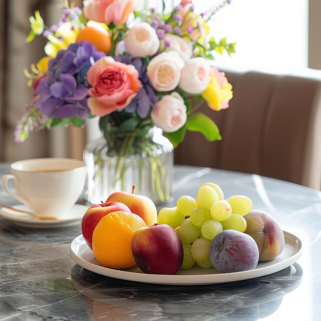 a close up of a plate of fruit on a table near a vase of flowers and a cup of coffee on a table