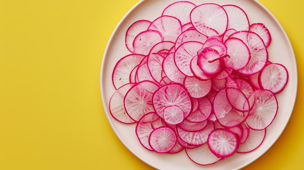 a close up of a plate of sliced radishes on a yellow surface generative ai