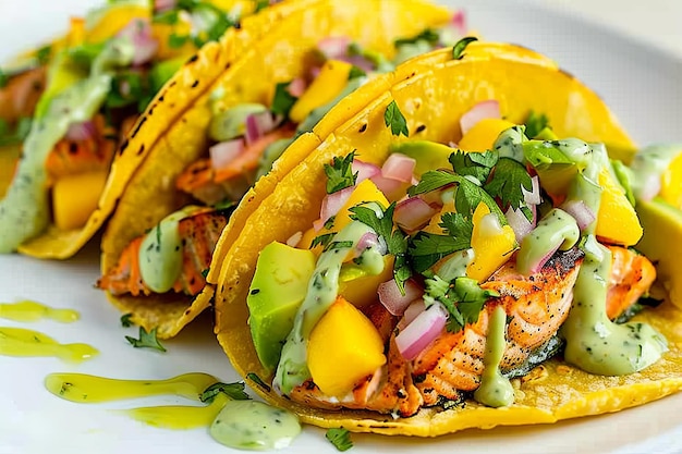 Close up of a plate of tacos with fresh ingredients and meat