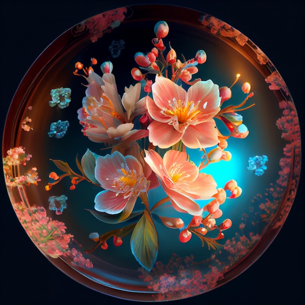 Close up of a plate with flowers on it generative ai