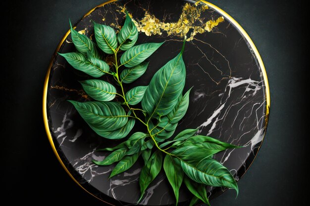 Close up of plate with plant on it and gold rimmed plate Generative AI