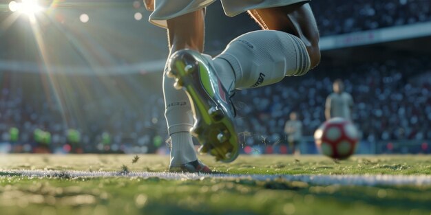 Photo close up of players feet dribbling the ball kicking the ball competitive match dynamic action in a football match