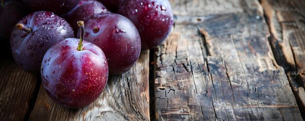 Photo close up of plums on rustic wooden table photo