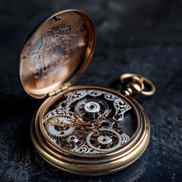 A close up of a pocket watch with a gold band and a black face