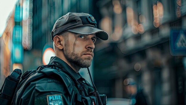 Photo close up of a police worker on background police worker face portrait of a federal worker