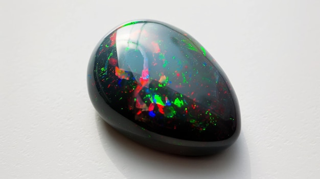 Photo close up of a polished black opal gemstone with iridescent colors for jewelry design