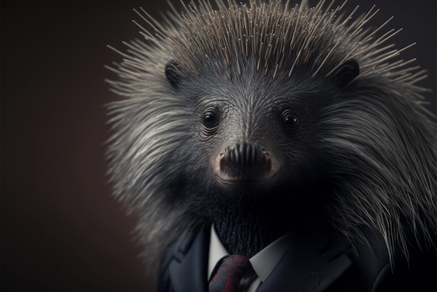 Close up of porhyton hedgehog in suit and tie generative ai