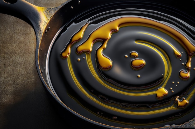 Close up of a portion of an empty black cast iron pan with drips of vegetable oil