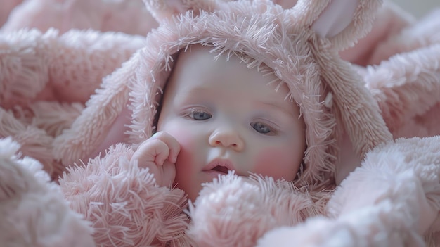 Photo close up portrait of adorable baby girl in pink fur coat looking at camera