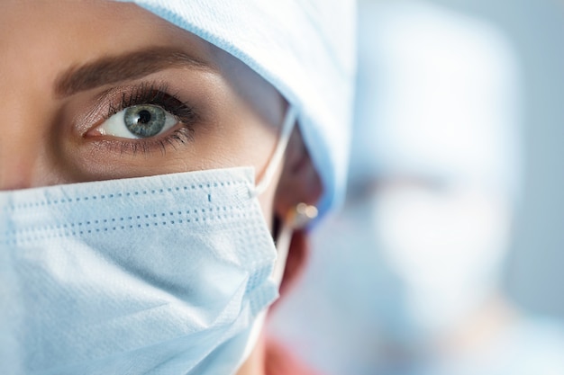 Close up portrait of adult female surgeon doctor wearing protective mask and cap