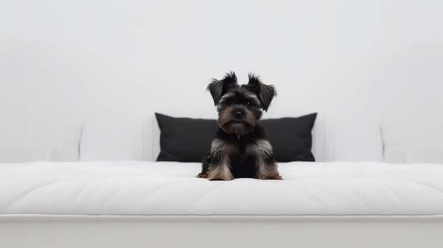 Close up portrait of Affenpinscher lying on bed