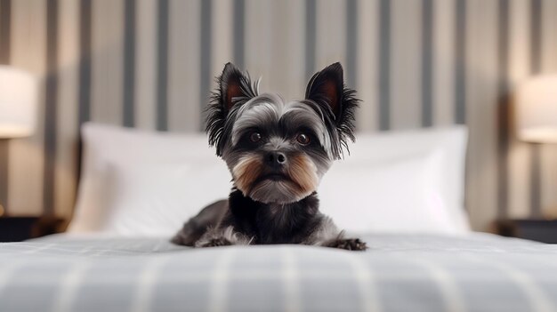 Close up portrait of Affenpinscher lying on bed