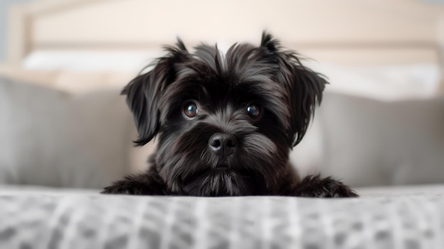 Close up portrait of Affenpinscher lying on bed