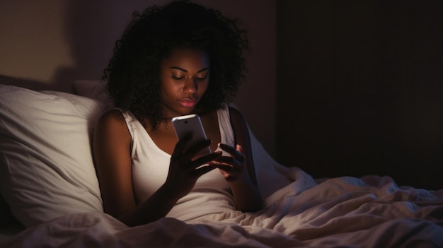 Close up portrait African American woman looking at phone while in bed