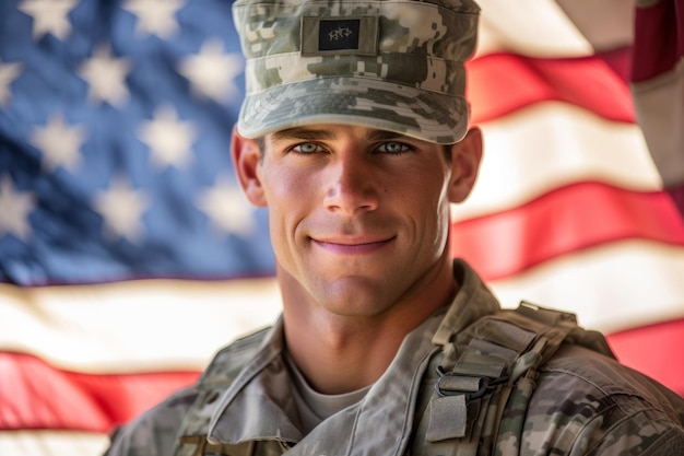 Close up portrait of american soldier with flag background