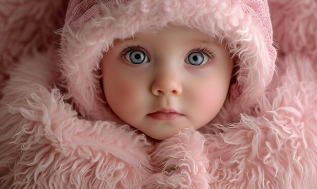 Photo close up portrait of a baby in a pink fur coat with striking blue eye