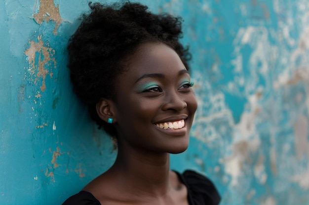 Close up portrait of a beautiful african american woman smiling and looking away