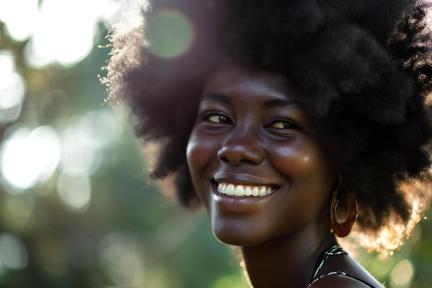 Close up portrait of a beautiful african american woman smiling outdoors