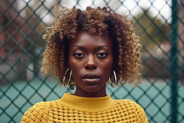 Close up portrait of beautiful african american woman with afro hairstyle in yellow sweater