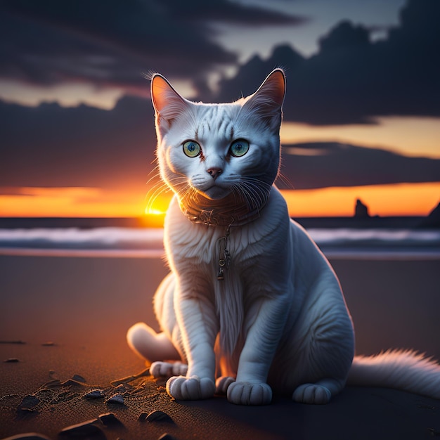 Close up portrait on beautiful cat in the sunset beach with ocean background