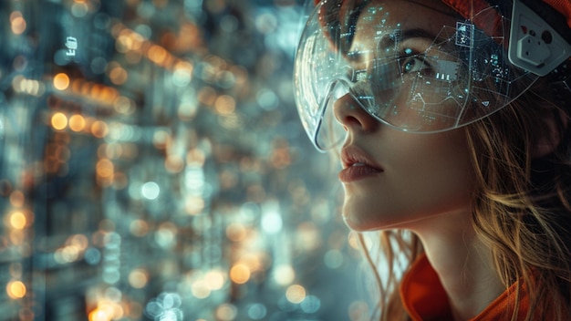 Close up portrait of a beautiful woman wearing a virtual reality helmet