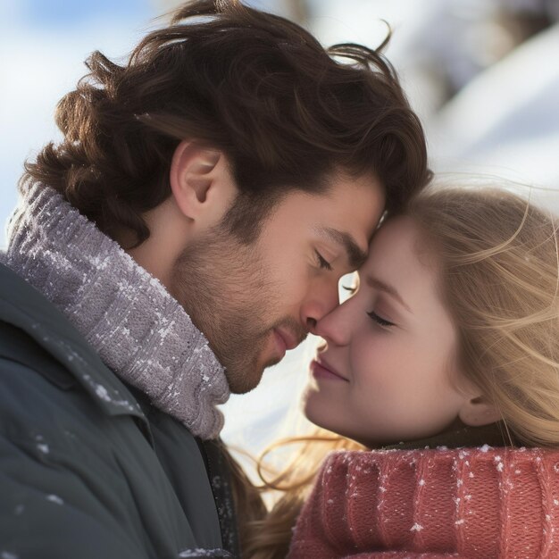 Close up portrait of a beautiful young couple in love outdoor in winter