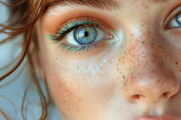 Close up portrait of a beautiful young woman with blue eyes and freckles