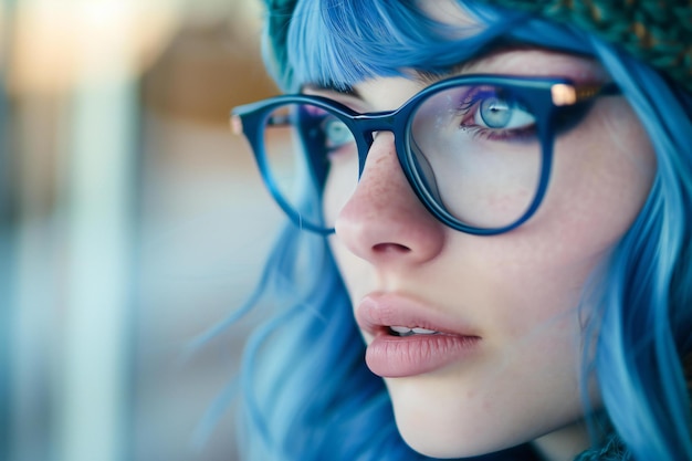 Close up portrait of a beautiful young woman with blue hair and glasses